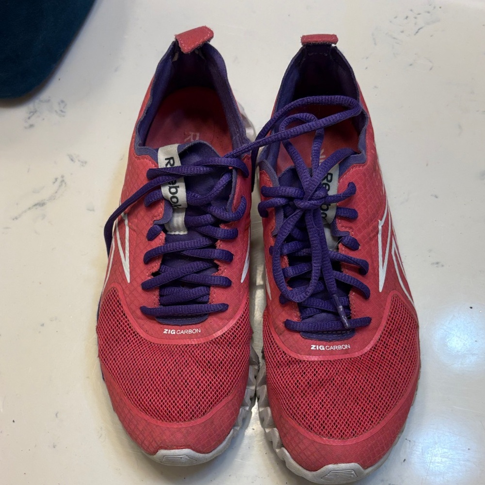 Reebok Women's Pink Athletic Zig Carbon Running Shoes with Purple Laces